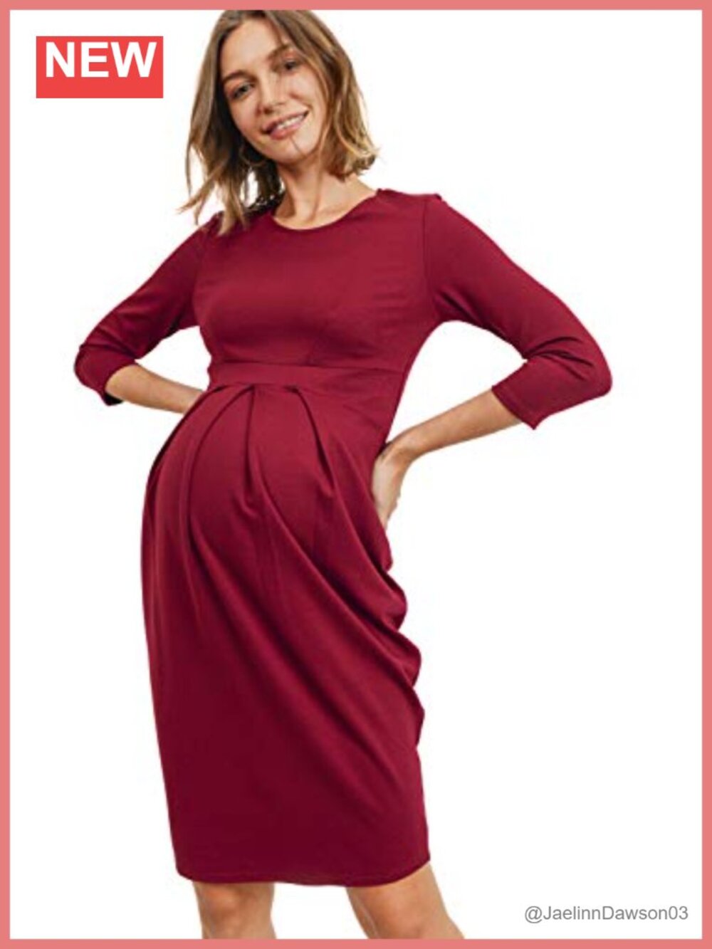 Knee Length Midi Maternity Dress with Front Pleat 3/4 Sleeve Scoop Neck